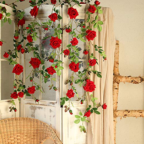 Veryhome Rose Vine Artificial Flower Garland Fake Hanging Rose Ivy Plants 6Ft For Wedding Home Party Garden Arrangement Decor Pack Of One (Red) #TOP1