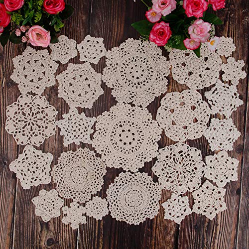 Toseey 24Pcs Cotton Hand Made Crochet Doilies Crochet Motifs 2-7 Inches Snowflake Style Crochet Doilies (Beige) #TOP28