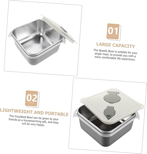 Miniatura 3 de UPKOCH Tazón de fideos instantáneos con tapa, loncheras cuadradas para ramen con tapa, cuencos con tapas, cuenco de fideos antiquemaduras, cuencos