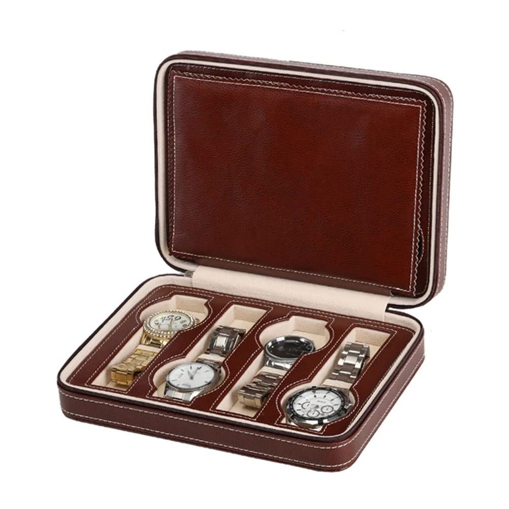 Caja de reloj de piel artificial, caja de almacenamiento portátil con cremallera para hombre (marrón, talla única)