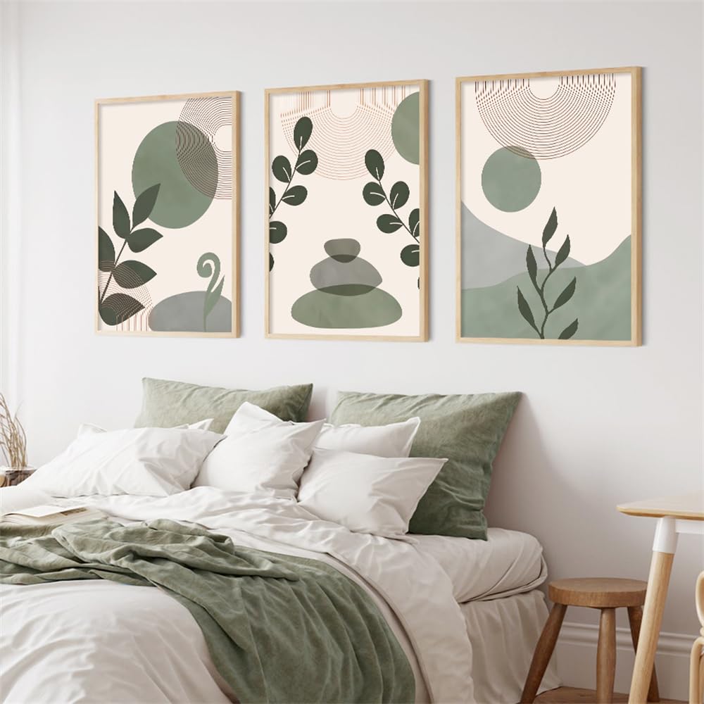 WBYZAC Art Prints-Boho Abstract Leaves Line Geometric Green Posters Minimalist Wall Art Canvas Painting Print Pictures Living Room Bedroom Kitchen Decor-50 * 60cm*3PCS (No Frame)