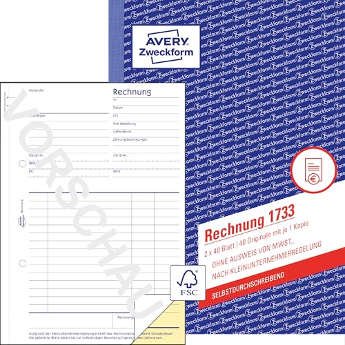 AVERY Zweckform 1733 Rechnung für Kleinunternehmer (A5 2x40 Blatt selbstdurchschreibend mit farbigem Durchschlag ohne Ausweis von MwSt. nach Kleinunternehmerregelung) weiß/gelb