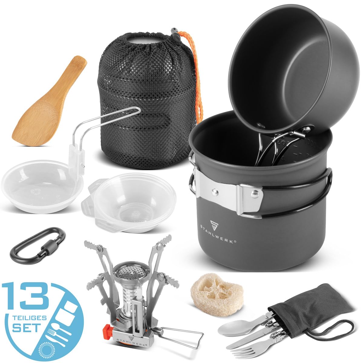 STAHLWERK Camping-Kochgeschirr-Set | Aluminium-Campinggeschirr Komplett-Set mit Topf, Pfanne, Gaskocher, Plastikschalen und Besteck | hochwertiges Outdoor-Koch-Set