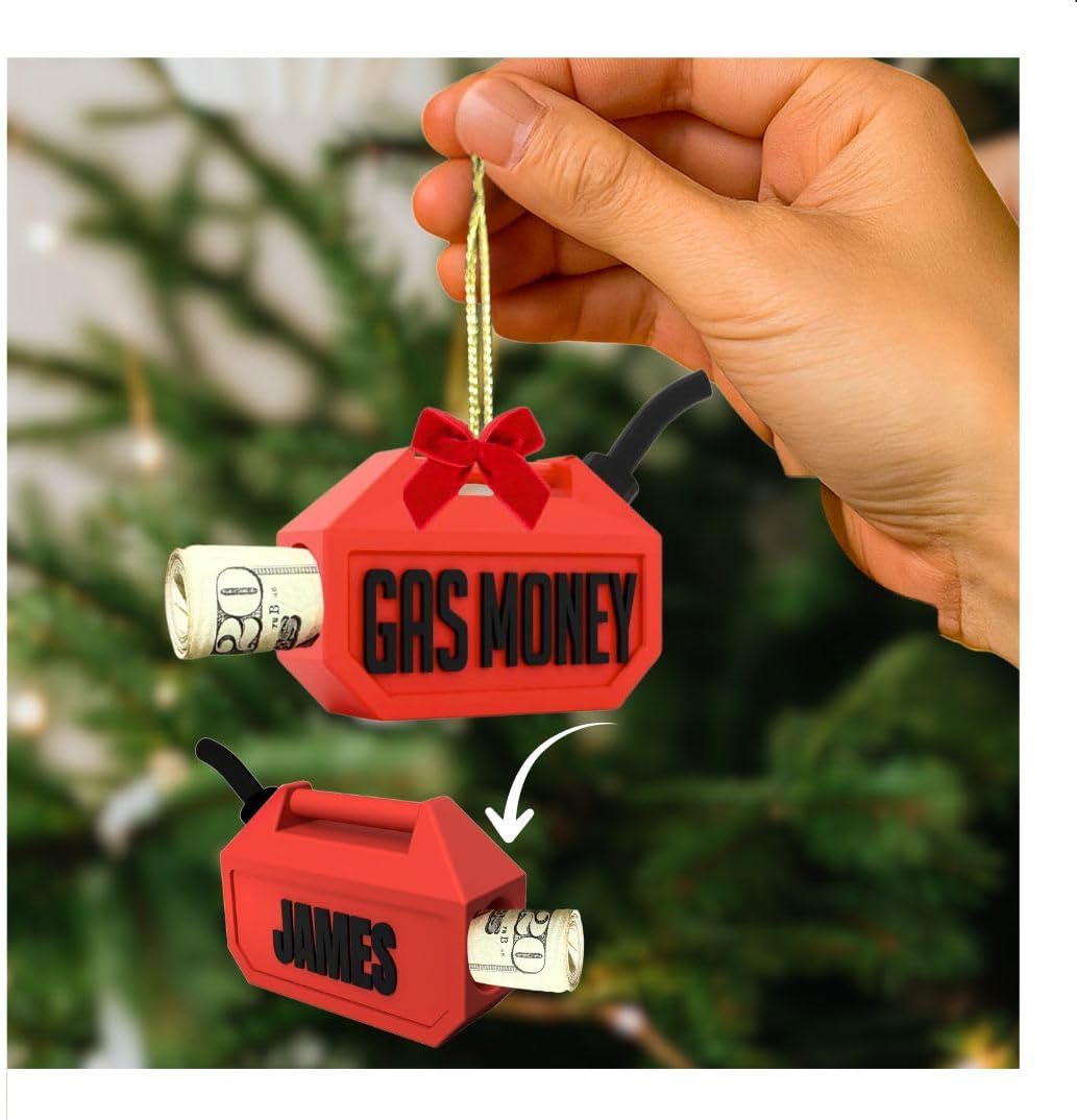 Custom Gas Money Gas Can Christmas Ornament Stocking Stuffer | Fun Gag Gift | Custom Text Holiday Cash Holder for Christmas Tree | Unique Xmas Gift | Gas Money Clip Ornaments