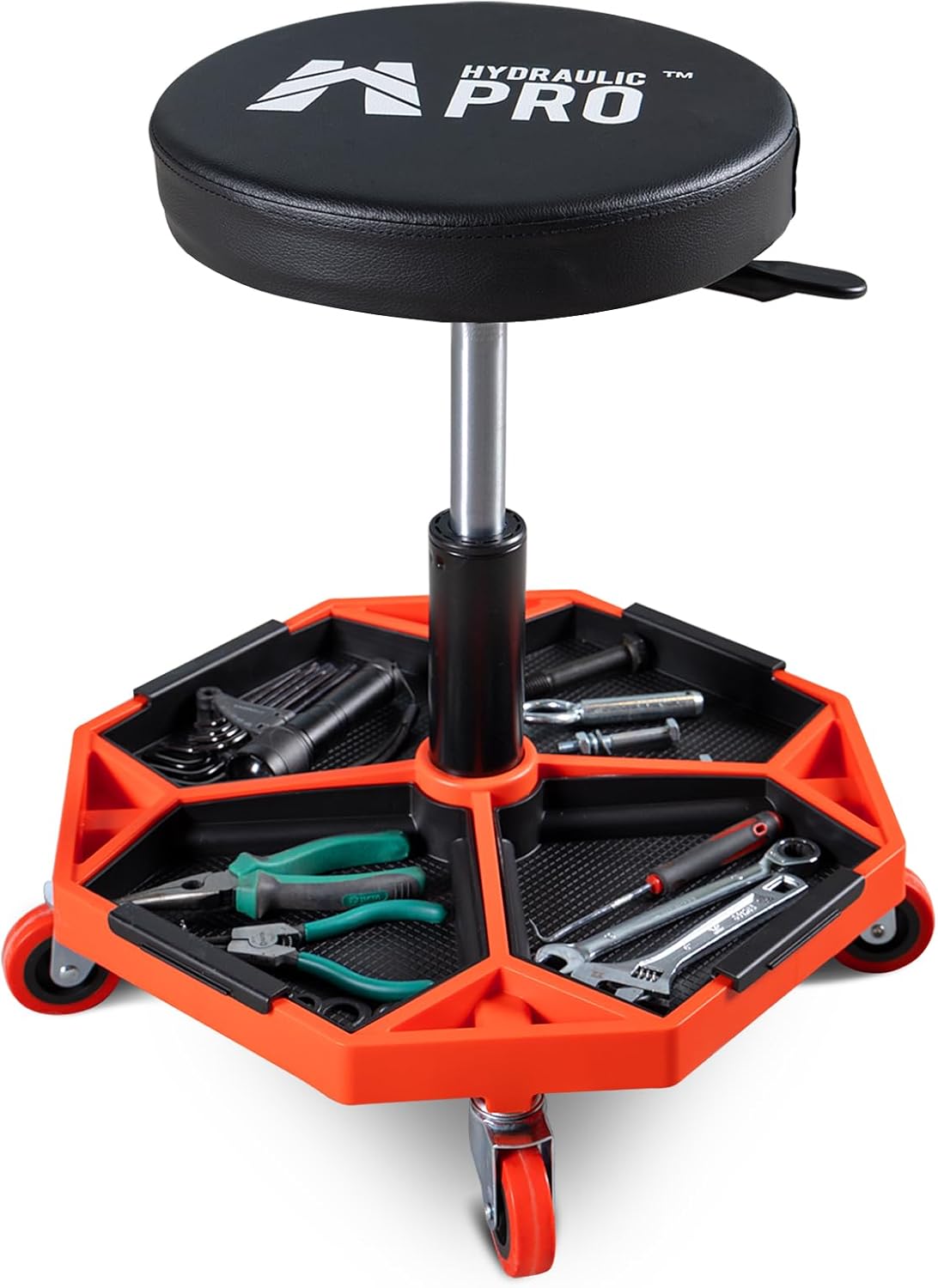Adjustable Height Rolling Mechanic Stool, 300 LBS Garage Chair on Wheels, Rolling Workshop Stool with Cushioned Seat and Tool Trays, Ideal for Garage, Workshop, and Auto Repair