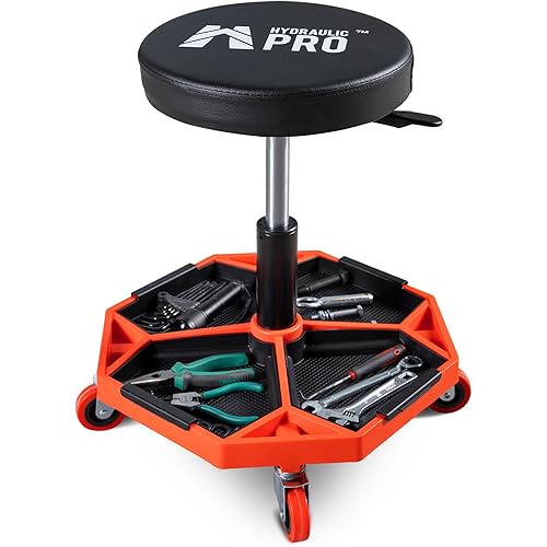 Adjustable Height Rolling Mechanic Stool, 300 LBS Garage Chair on Wheels, Rolling Workshop Stool with Cushioned Seat and Tool Trays, Ideal for Garage, Workshop, and Auto Repair