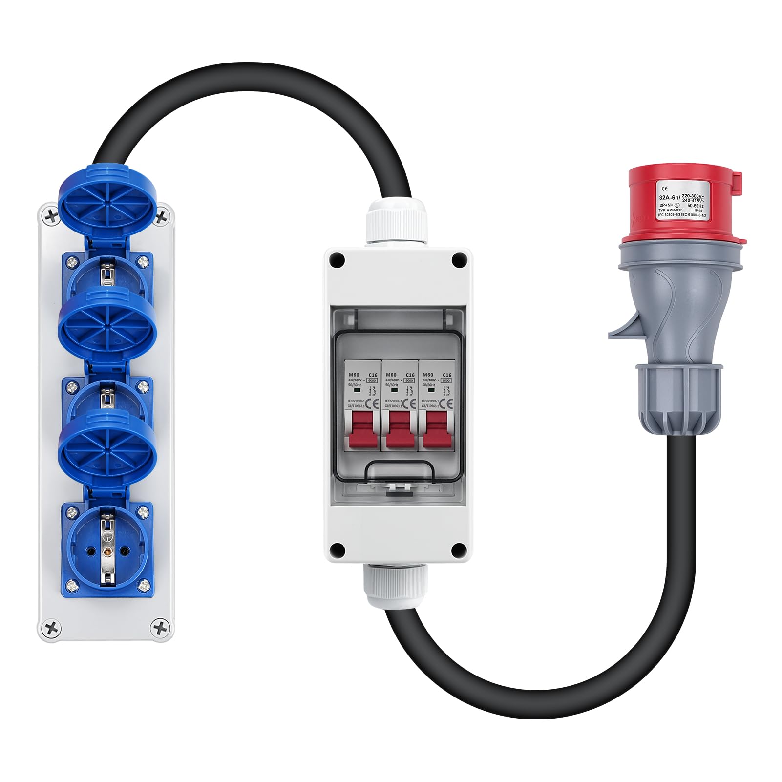 Steckdosenverteiler Wandverteiler Stromverteiler 16A 3 x 230V Schuko 1x CEE 400V Steckdose baustromverteiler mit Leitungsschutzschalter IP44 wasserdicht geeignet für Innen und Außenbereich