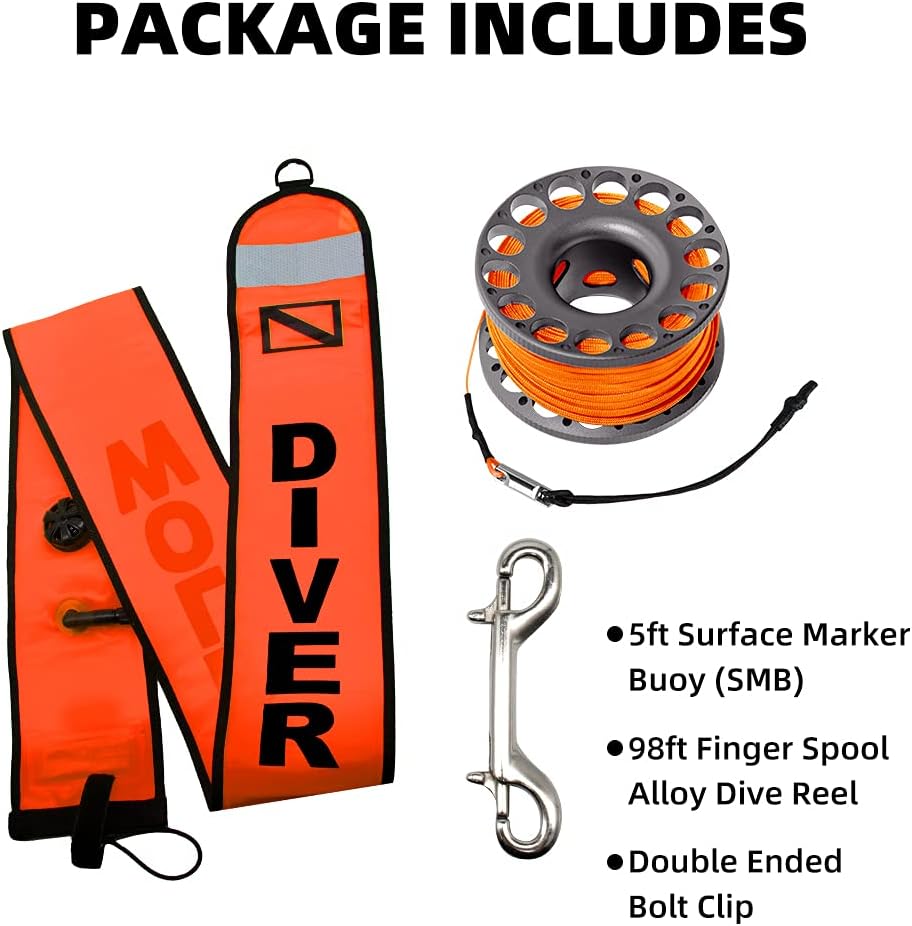 5ft Scuba Diving Open Bottom Surface Marker Buoy (SMB) with 98ft Finger Spool Alloy Dive Reel and Double Ended Bolt Clip