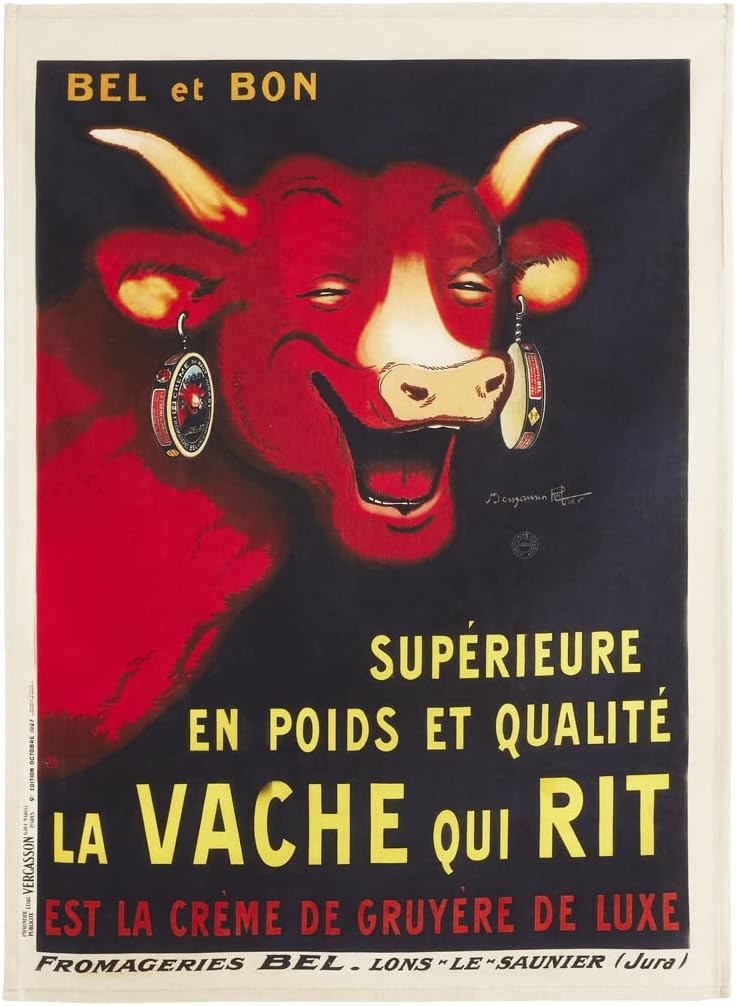French Cotton Printed Towel, The Laughing Cow VQR Bel et Bon, 20-Inches by 30-Inches, Black, 100% Cotton