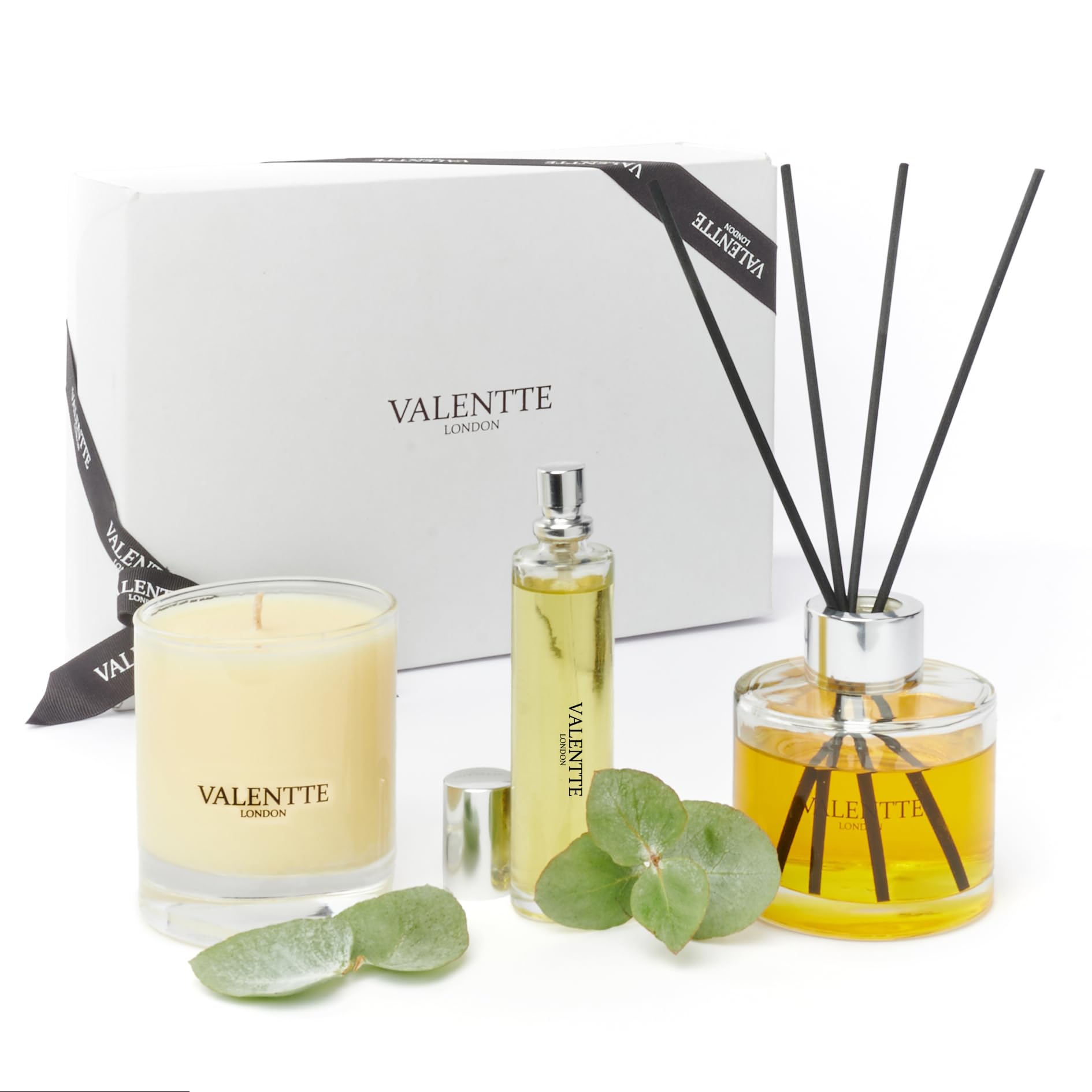 Scented Gift Box with Candle, Reed Diffuser, and Room Mist, Aromatherapy Essential Oils, Long Lasting Fragrance, Made in The UK (White Neroli and Lemon) (150g, 100ml, 30ml) - Valentte
