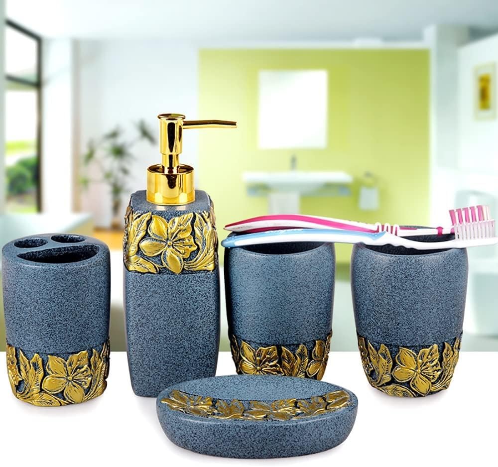 Juego de 5 accesorios de baño, bomba de prensa de pegamento de plástico para alivio de flores de arena, con patrón en relieve, base de textura, dispensador de jabón, soporte para cepillo de dientes