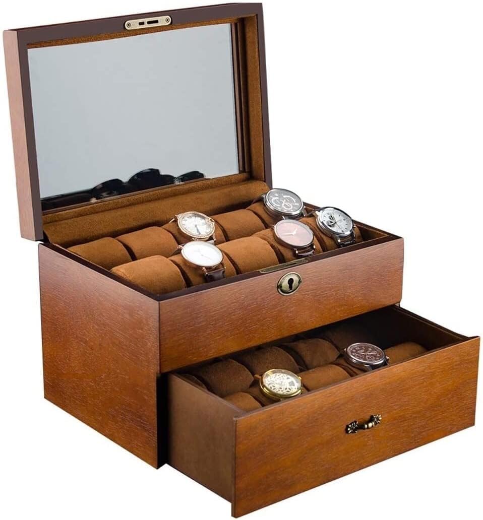 Caja de reloj de 20 ranuras para hombre, organizador de almacenamiento de relojes de doble capa de madera maciza, joyero retro con tapa de cristal