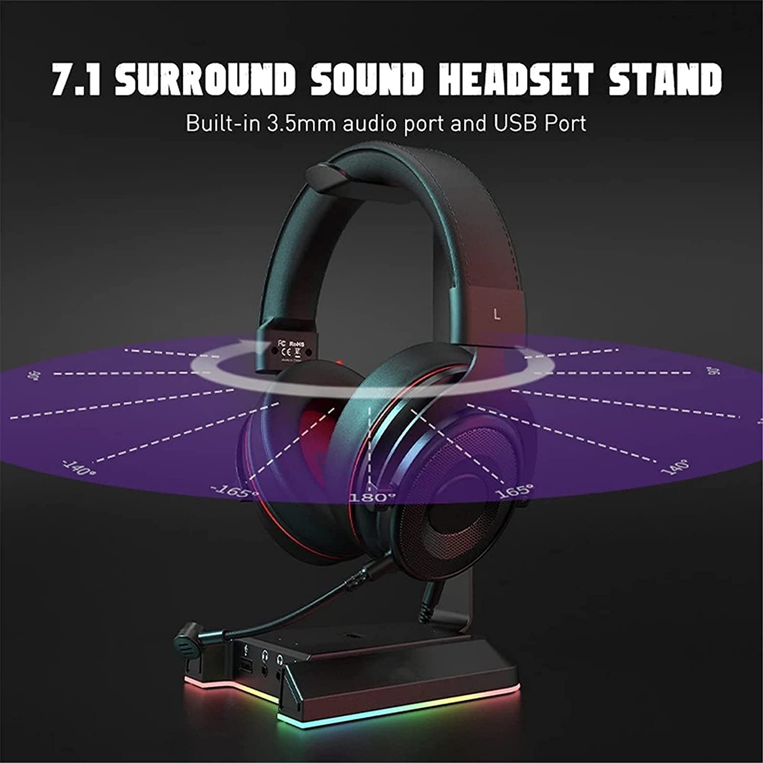 RGB Headphone Stand Gaming Headset Holder with 7.1 Surround/2 USB and 3.5mm Ports Sturdy Stable Compatible with All Standard Sized Headsets