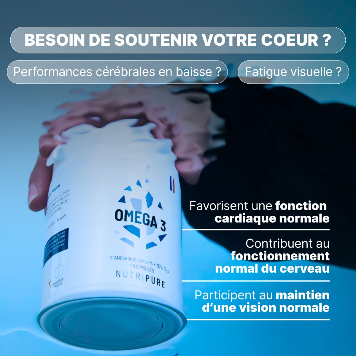 Nutripure | Omega 3 Epax® 2400 mg | EPA 1260 mg & DHA 900 mg | Huile Poissons Sauvages | Pureté TotOx <7 | Cerveau, Vision & Cœur | Sans Odeur | 90 Gélules | 1 Mois | Made in France