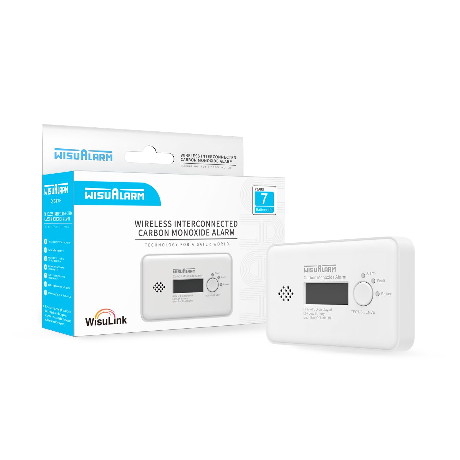 Wisualarm Carbon Monoxide Detector Wirless, Interlinked Carbon Monoxide Alarm, 10 Years Sensor Life 7 Years Battery, Interlinked CO Alarm with Digital Display, CO Detectors Certified to EN50291
