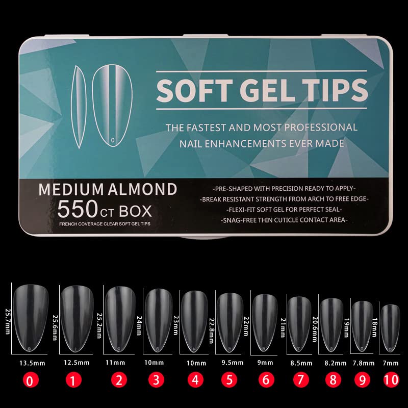 MIUKIULA 550PCS Soft Gel Nail Tips, Full Coverage Semi Matte Almond Shaped Clear False Nail Tips with Shell, for DIY Nail Salon Nail Designs, 11 Sizes
