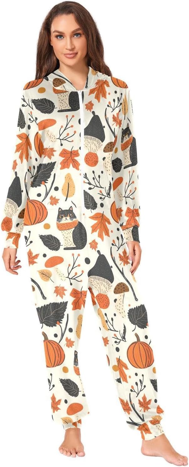 ZZKKO Autumn Cat and Pumpkin Leaf Adult Onesie Pajamas for Women Men Cozy One Piece Pajamas Costume Zip-Up Hooded S-XL