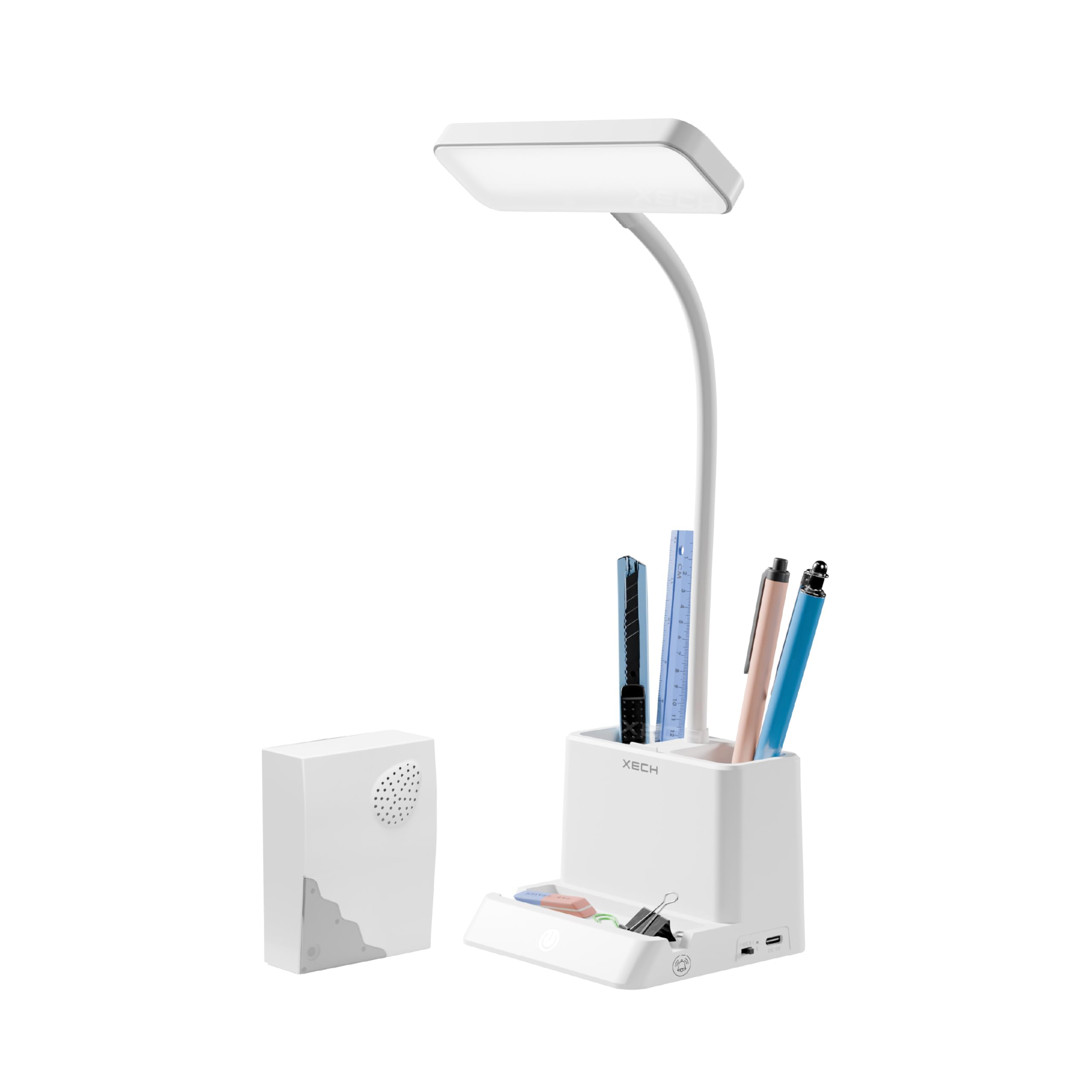 Xech Table Lamp with External Calling Bell | 3-Color Dimmable LED Light | Desk Organizer & Smartphone Holder | Rechargeable, Flexible Gooseneck | 100ft RF Range | Gifts for Mom & Dad (Desky Lite Bell)