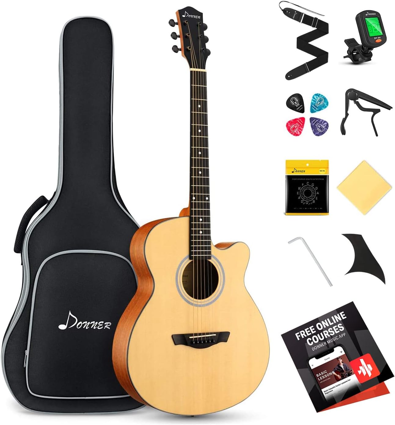 Donner Acoustic Guitar for Beginner Adult Mini Jumbo Cutaway Full Size 40 inch Acoustique