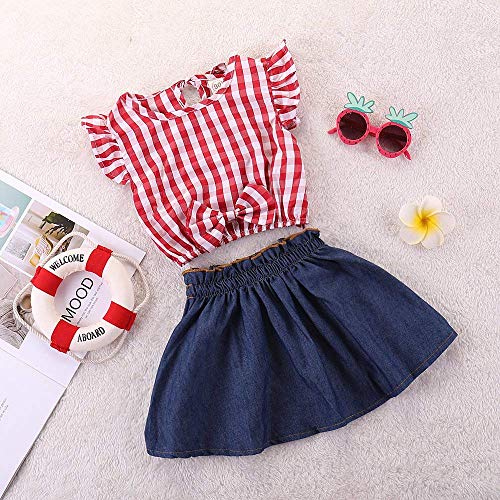 Toddler Baby Girl Red Plaid Outfits Ruffled Sleeve Crop Top Shirts with Bowknot+ Denim Skirt Dress Clothes Set3