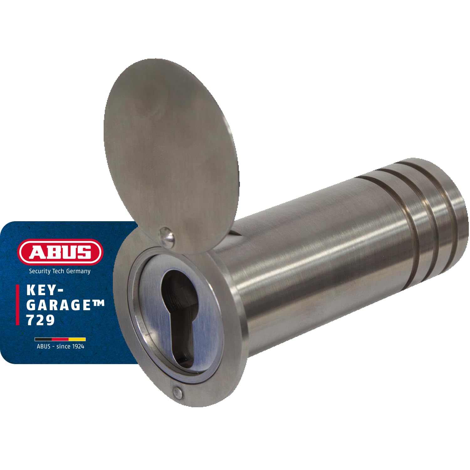 ABUS KeyGarage 729 - Coffre à clés à encastrer dans le mur - tube en acier inoxydable pour le rangement des clés - boîte à clés avec couvercle - argenté | Corps en laiton, anse en acier - code personnalisable sans clé - pour valises, casiers - 23 x 53 mm