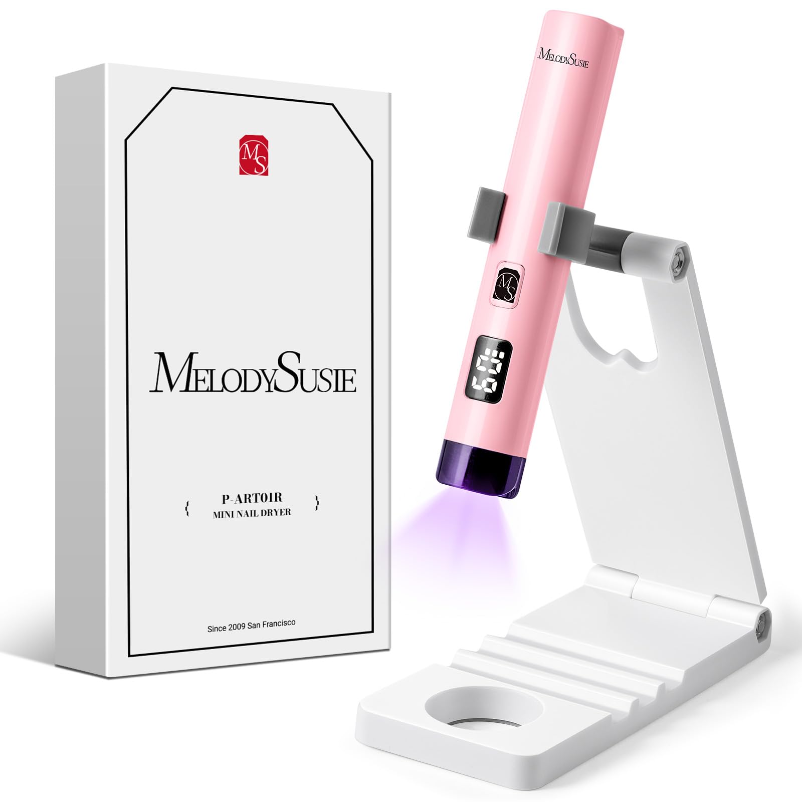 MelodySusie Tragbar UV Lampe mit Ständer für Gelnägel, Mini Wiederaufladbar UV LED Lampe mit LCD-Display, Tragbare Kleine UV Nagellampe mit 2 Timern, Nageltrockner für Alle UV Gel Nagellacke (Rosa)