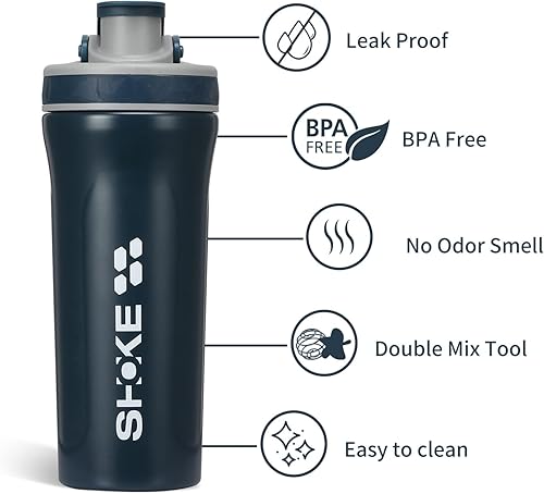 Miniatura 2 de SHOKE Botella agitadora de acero inoxidable con batidor de proteína de batidor de 27 onzas, tazas agitadoras para mezclas de proteínas, a prueba de