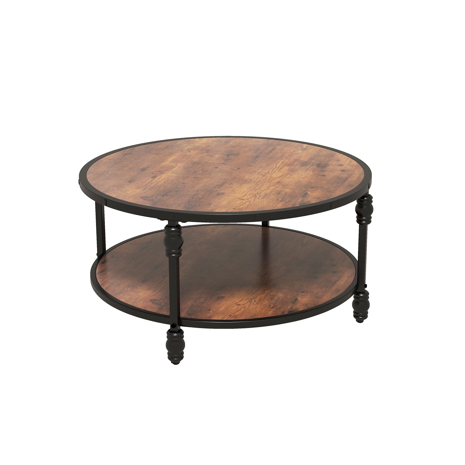 GarveeTech Table Basse Ronde 2 Niveaux en Bois avec Étagère - Cadre Métallique Colonne Romaine - Facile à Monter - 30,5 Pouces Marron Vintage
