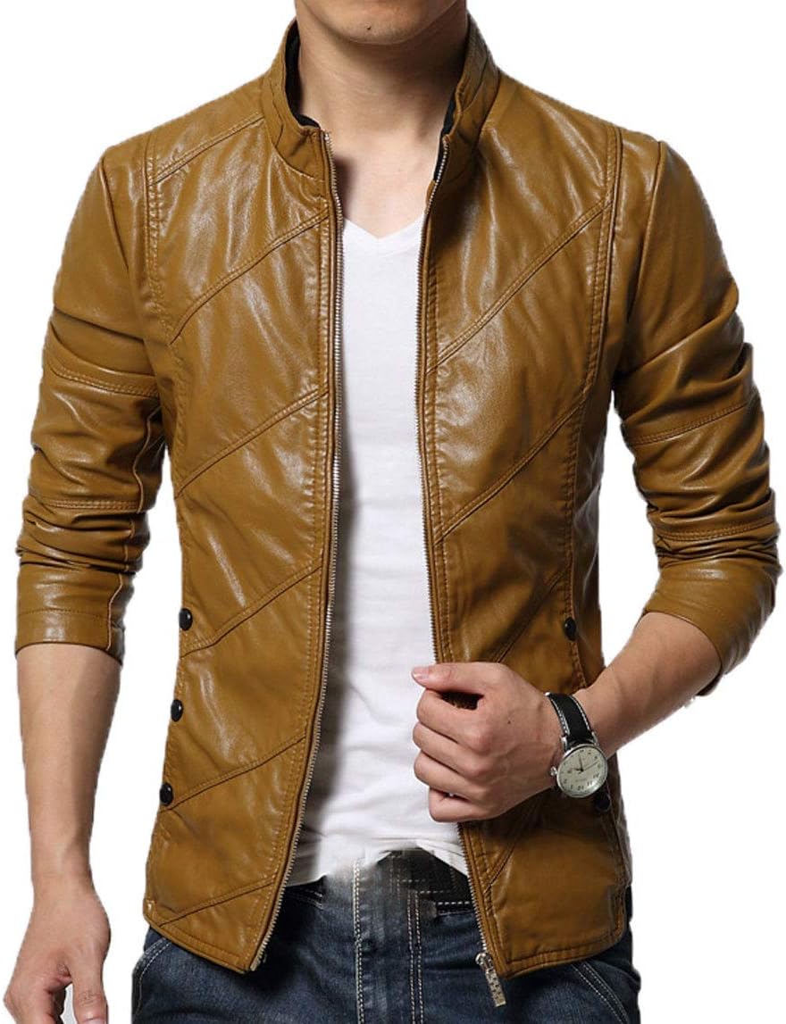 chouyatou Men's Cool Stylish Slim Fit Stand Collar Lightweight Bomber Faux Leather Jacket Coat