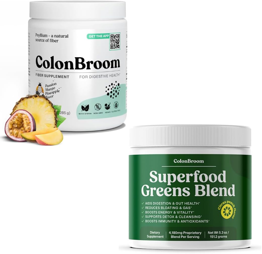 ColonBroom Psyllium Husk Powder with Stevia (Tropical Fruits, 50 Servings) Superfood Greens Blend – Gut Health Supplement with Probiotics + Prebiotics – Greens Powder (28 Servings)
