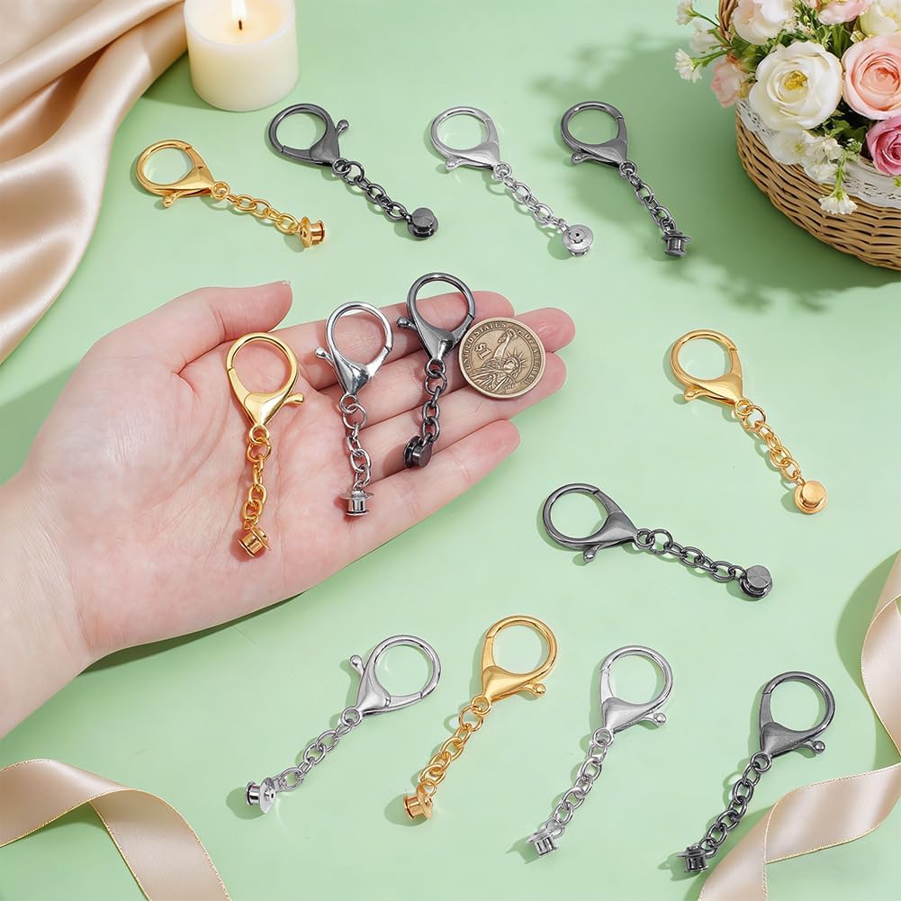 NBEADS 12 Pcs 3 Colors Turn Pins Into Keychain Converter, Alloy Lobster Claw Clasps with Iron Cable Chains, Keychain Clasp Findings for Jewelry Making Crafts Pin Display Bag Accessories