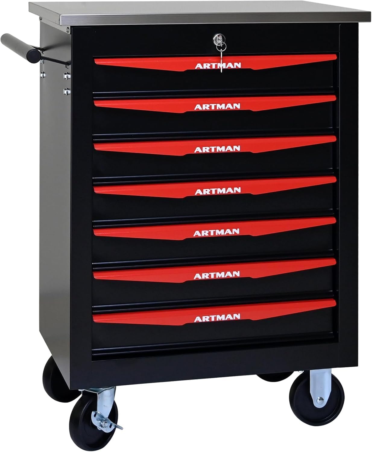 7-Drawer Rolling Tool Chest with Stainless Steel Countertop,Tool Chest with Secure Locking System,Mobile Storage Tool Cabinet with 360°Wheels and Padded Feet,for Home,Garage (Black+Red)