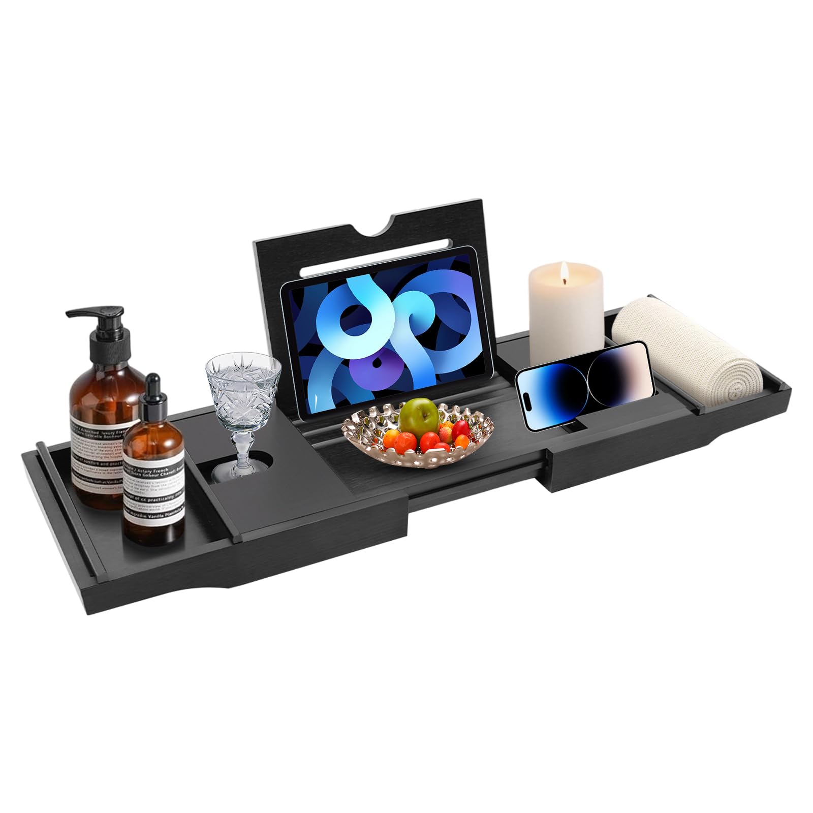 Mensola per vasca da bagno in legno di bambù, estensibile, 75-111 cm, antiscivolo, adatta per la maggior parte delle vasche da bagno, può contenere libri, iPad, telefono, vetro, candele (nero)