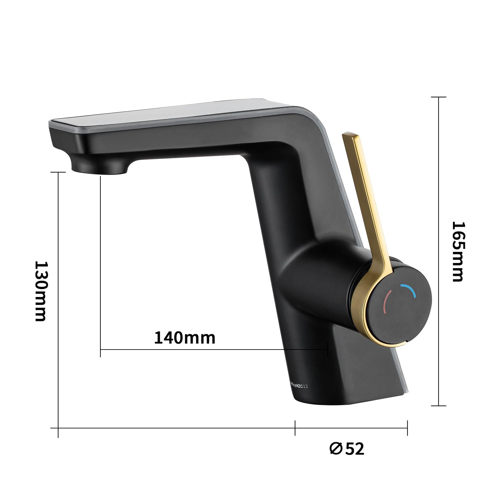Grifo de baño con indicador de Temperatura LED,Grifo mezclador para baño con caño altura 130 mm, grifo monomando de latón,Dorado