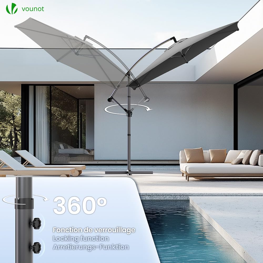 VOUNOT Ampelschirm 300 cm, Sonnenschirm mit Ständer, Kurbel, Windsicherung und Abdeckung, 360° drehbar & neigbar, Stabiler Gartenschirm für Terrasse, Balkon & Garten, Marktschirm UV-Schutz, Grau