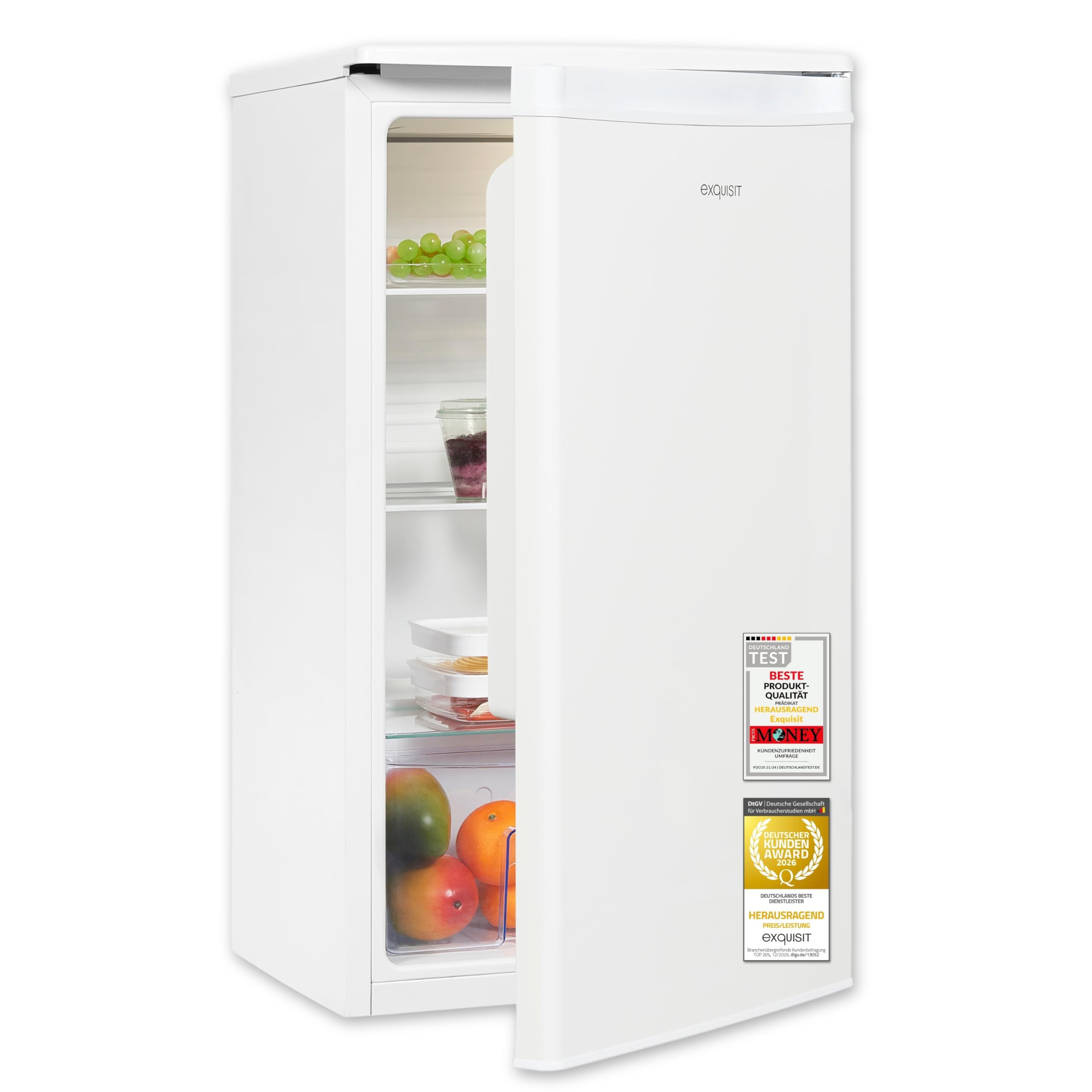 Exquisit Vollraumkühlschrank | 76 l Nutzinhalt, Energieeffizienzklasse E, 41 dB(A) | kompakt, LED-Innenbeleuchtung, manuelle Temperaturregelung, Glasablagen, Gemüseschublade | KS585-V-091E weiss