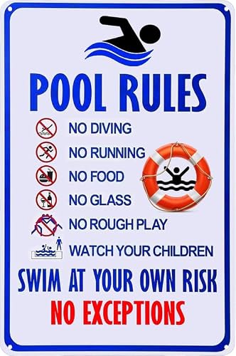 Traqunn A09 Pool Rules With Their Own Risk Swimming Warning Metal Sign Swimming Pool Water Park Safety Tin Sign 12X16 Inch Vintage Signs Metal Plates Funny Art