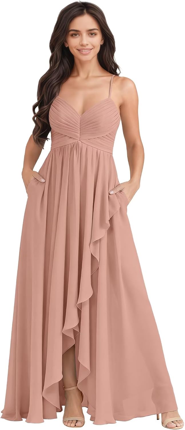 Women's Chiffon Bridesmaid Dresses Sleeveless Wedding Party Gowns with Straps Prom Evening Dresses High Low