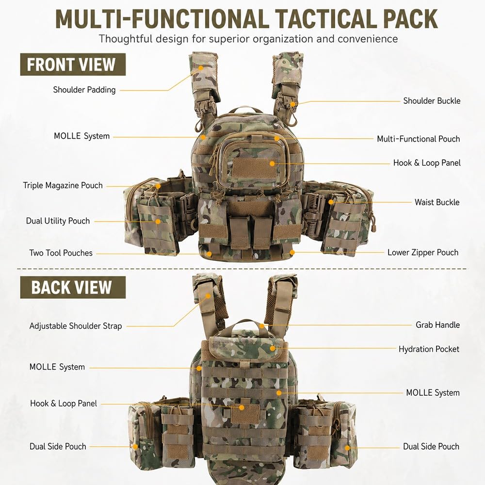 Gilet Molle Regolabile in Nylon 1000D,Gilet Utility Sgancio Rapido Tasche Multiple Leggero Traspirante per Airsoft Paintball Escursionismo Cosplay attività Outdoor Training
