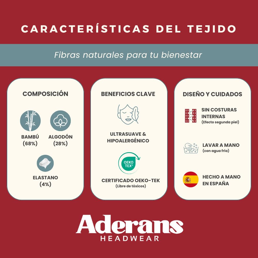 ADERANS Turbante oncológico Modelo Cosy – diseño Zahara en bambú Suave y Transpirable, Hecho a Mano en España, Especial para quimioterapia, Alopecia y Pieles sensibles