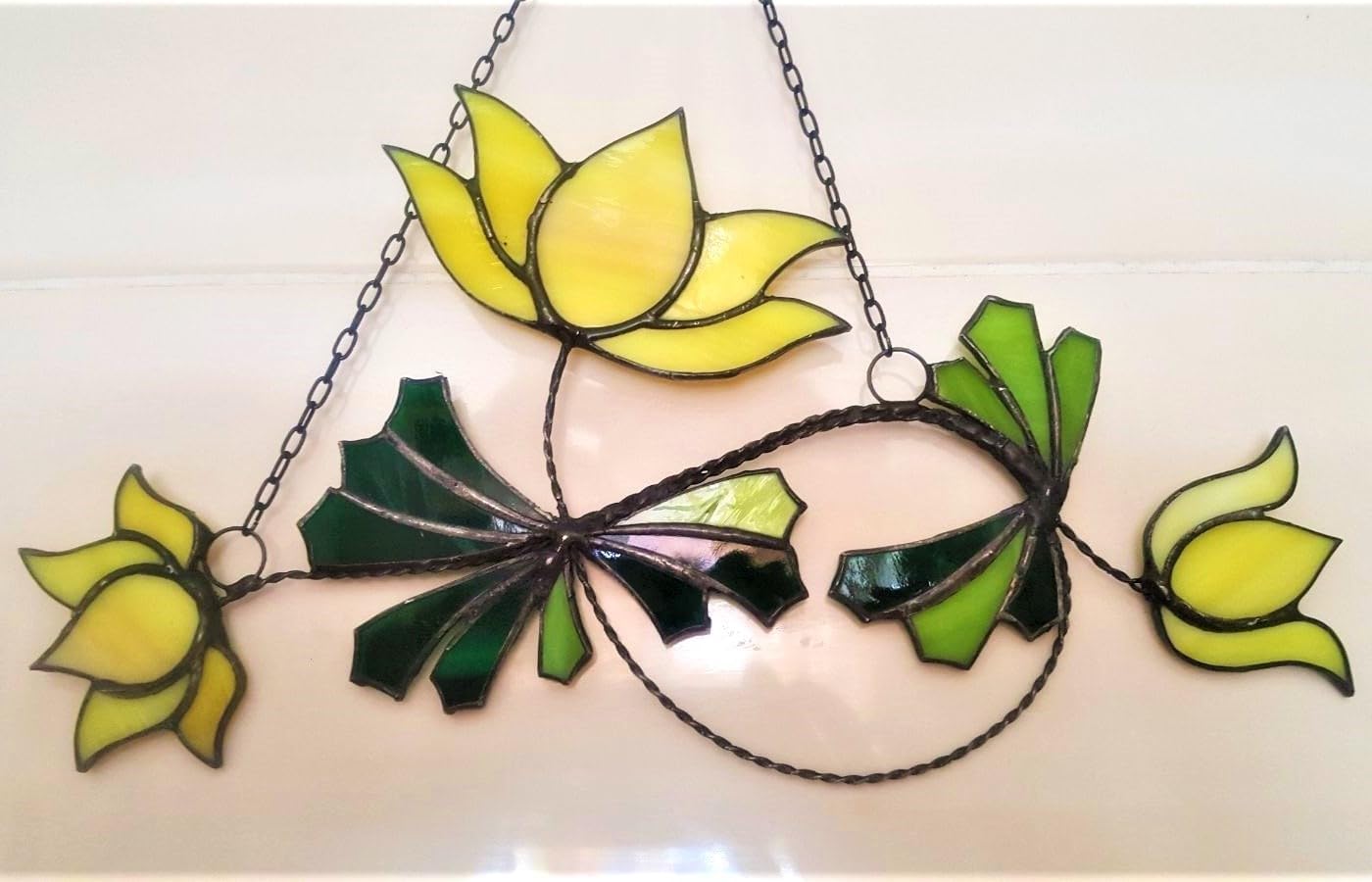 Yellow Lilies Stained Glass Flowers Sun Catcher Window Home Garden Hanging Decoration