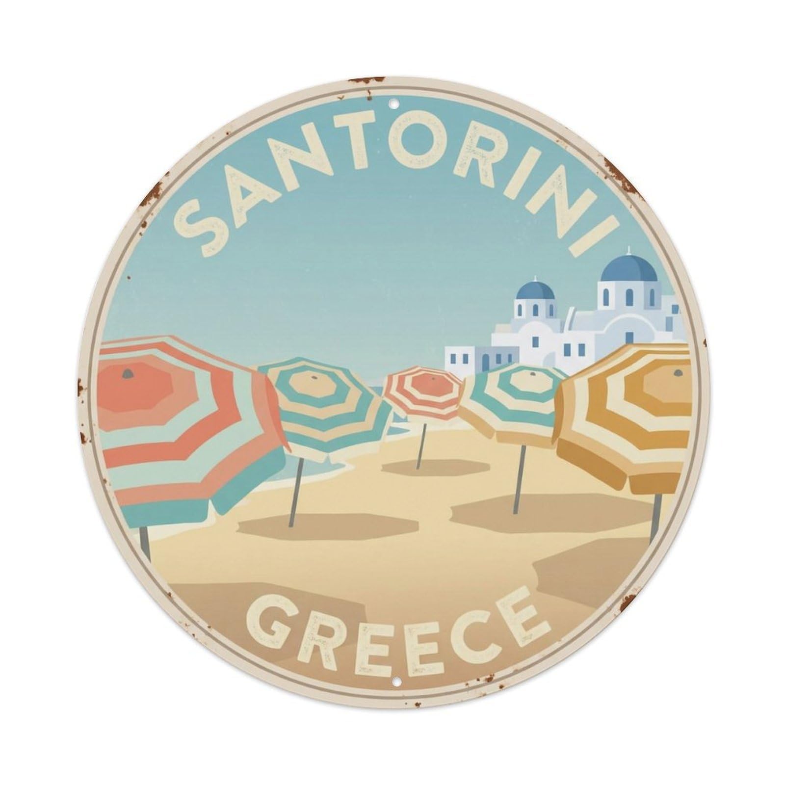 Okahys 8X8inch(20X20cm) Vintage Travel Beach Umbrella Greece Parasol Metal Tin Sign