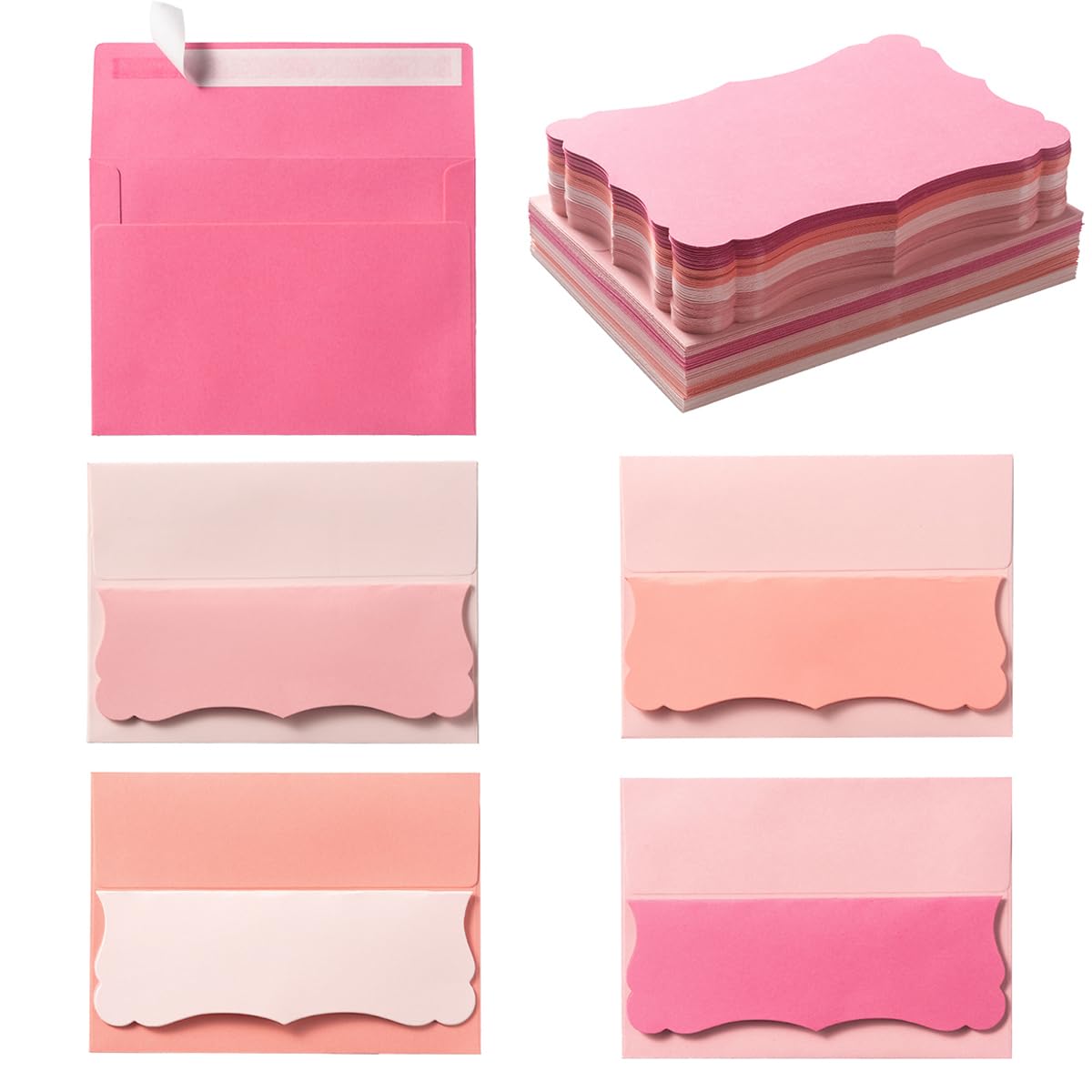 100 Pack A7 Envelopes with Blank 5 x 7 Cards Pink Self-Adhesive Business Envelopes Invitations Cards Envelopes (5 Colors Pink, A7)