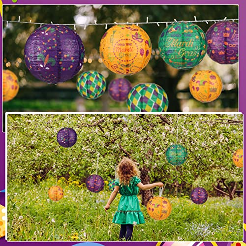 Image of Panelee 12 Pcs Mardi Gras Party Decorations Paper Lanterns Carnival Yellow Green Purple Hanging Round Paper Lanterns 8 Inch for Mardi Gras Office Classroom Party Decorations Supplies Indoor Outdoor