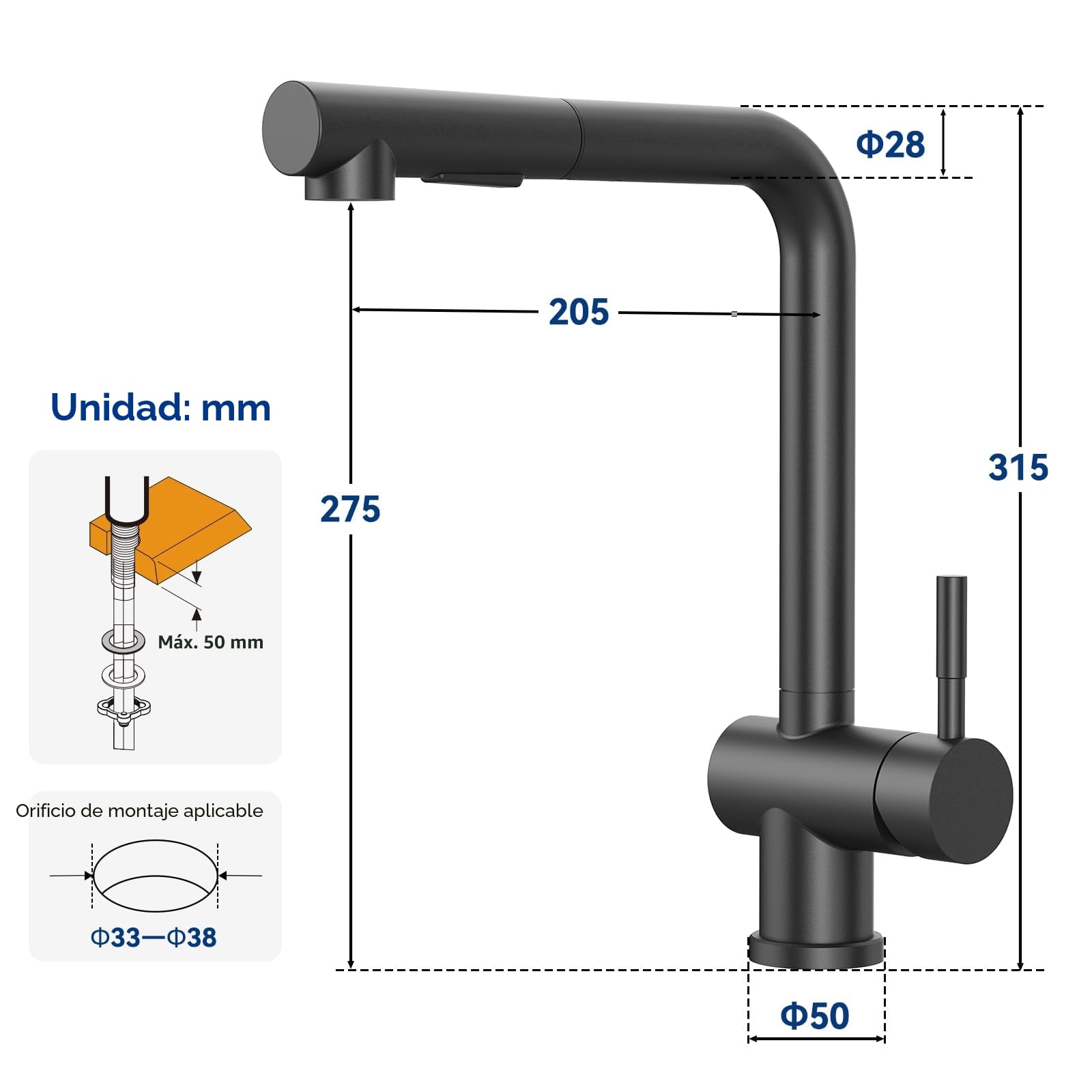CECIPA X207B Grifo Cocina Negro Extraible, Grifos Fregadero Negro Monomando, Grifos para Fregadero de Cocina con 2 Modos de Rociador, caño Giratorio 360 °, Acero lnoxidable SUS304