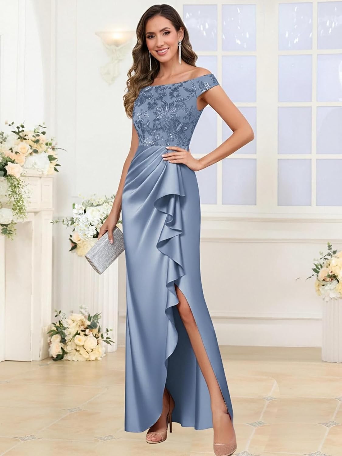 Sequin Lace Mother of The Bride Dresses for Women with Slit Satin Mermaid Pleated Ruffle Long Formal Dress - Image 4
