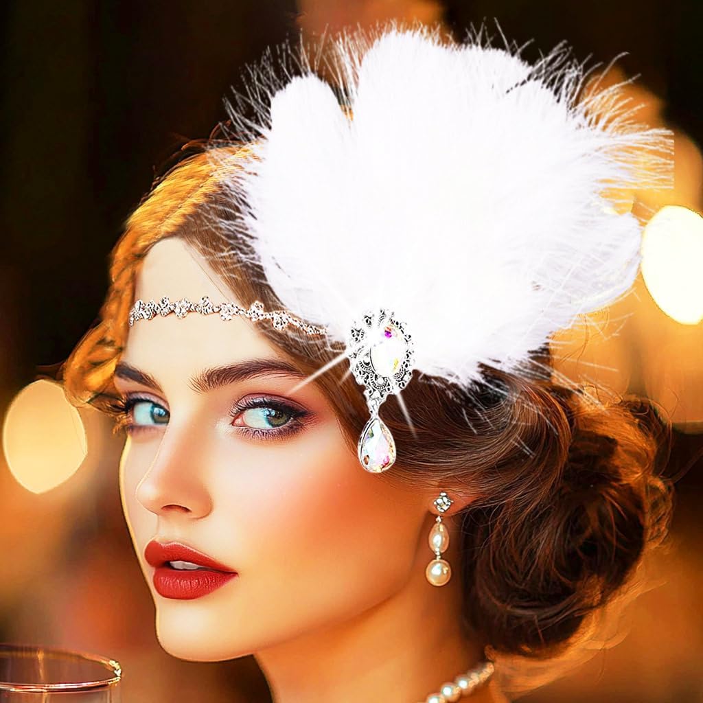 1920s Flapper Headpiece White Feather Headband Rhinestone Prom Party Head Accessories for Women