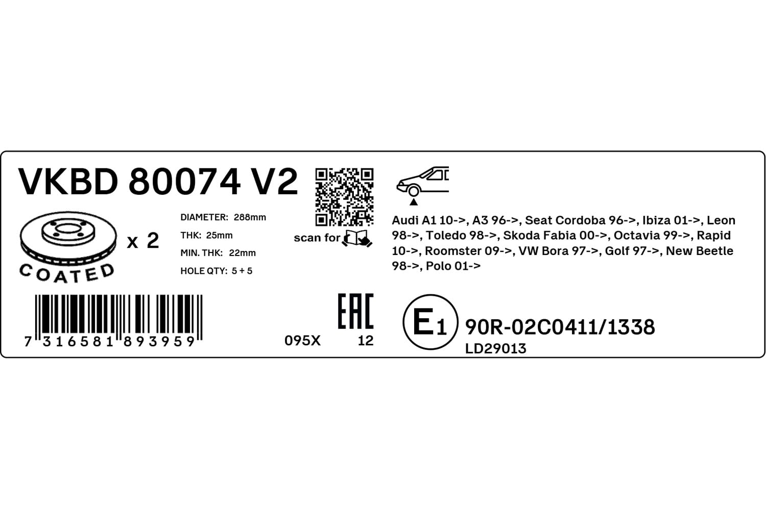 SKF Tarcza hamulcowa VKBD 80074 V2-zestaw 2-częściowy - pozycja oś przednia średnica zewnętrzna 288 mm wysokość 80 mm długość 325 mm szerokość 315 mm - jakość OE