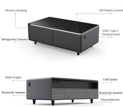 51in Smart Coffee Table with Built in Fridge, Living Room Table Bluetooth Sound and Wireless Charging, Type-C & USB Interface, Temperature Control, Modern Center Table with LED