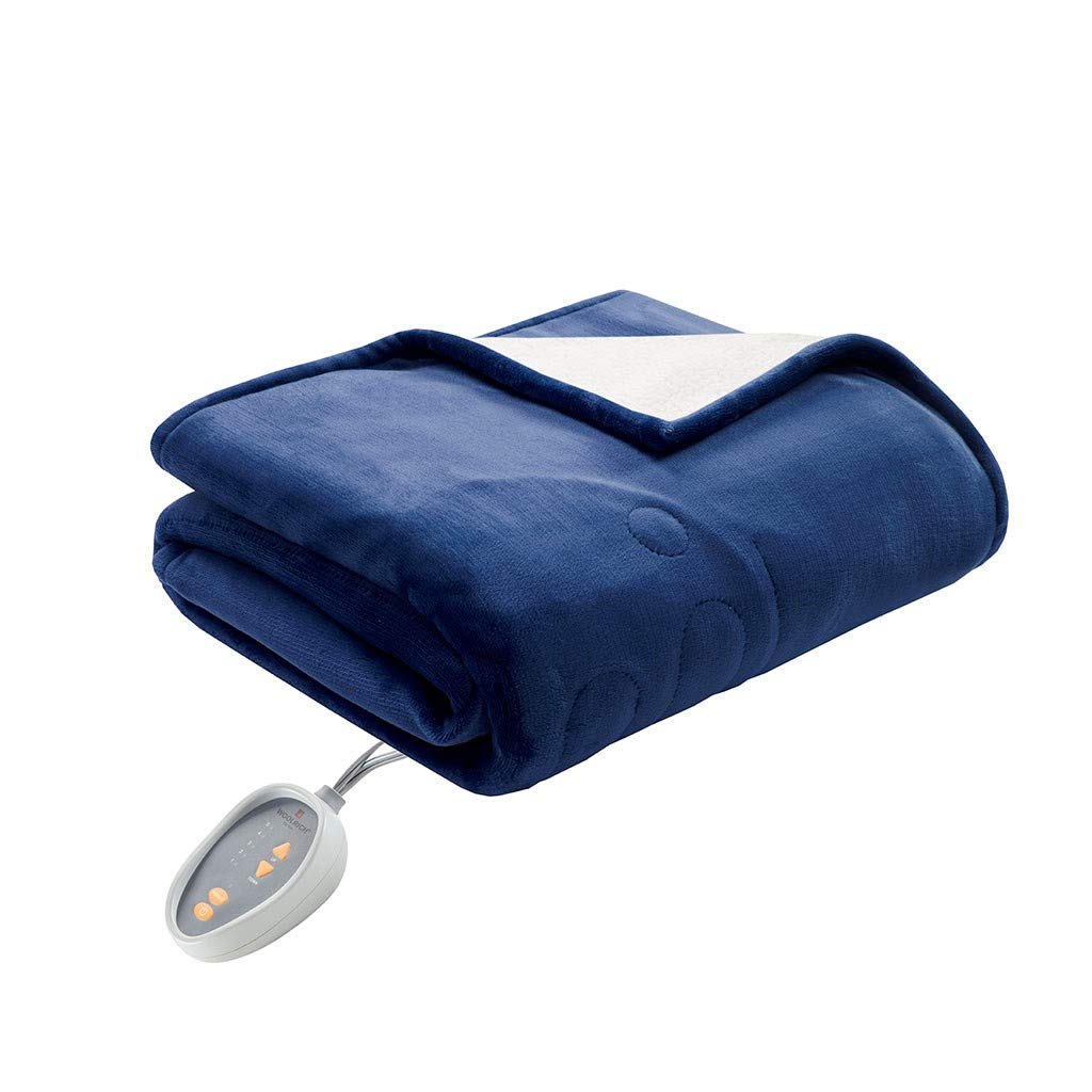 woolrich heated plush to berber electric blanket throw ultra soft knitted, super warm and snuggly cozy with auto shut off and multi heat level setting controllers, full: 80x84, indigo (wr54-1760)